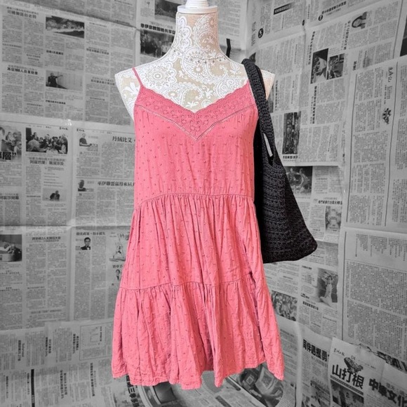 E&M Pink Sleeveless Tiered Babydoll Dress Lace Trim Boho Summer Festival Size S - Picture 1 of 8